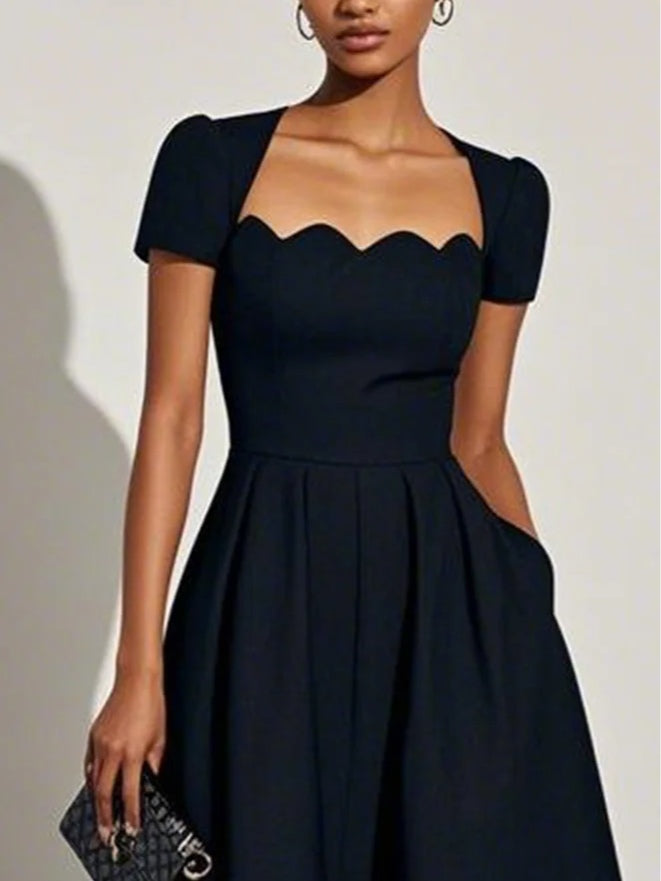 Elegante Vestido Midi Negro para Mujeres con Escote Corazón con Borde Ondulado, Manga Corta, Estilo Fit and Flare para Cócteles