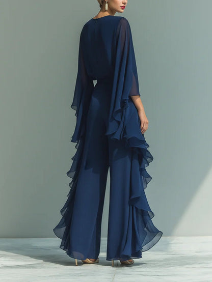 Elegante Vestido Maxi de Chifón Marino para Mujeres con Cuello Redondo, Manga Capa y Volantes, Estilo Formal para Invitadas de Boda