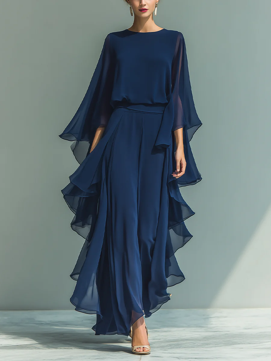 Elegante Vestido Maxi de Chifón Marino para Mujeres con Cuello Redondo, Manga Capa y Volantes, Estilo Formal para Invitadas de Boda