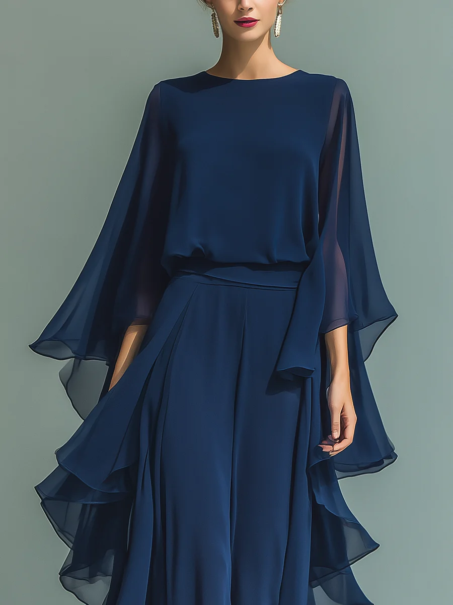 Elegante Vestido Maxi de Chifón Marino para Mujeres con Cuello Redondo, Manga Capa y Volantes, Estilo Formal para Invitadas de Boda
