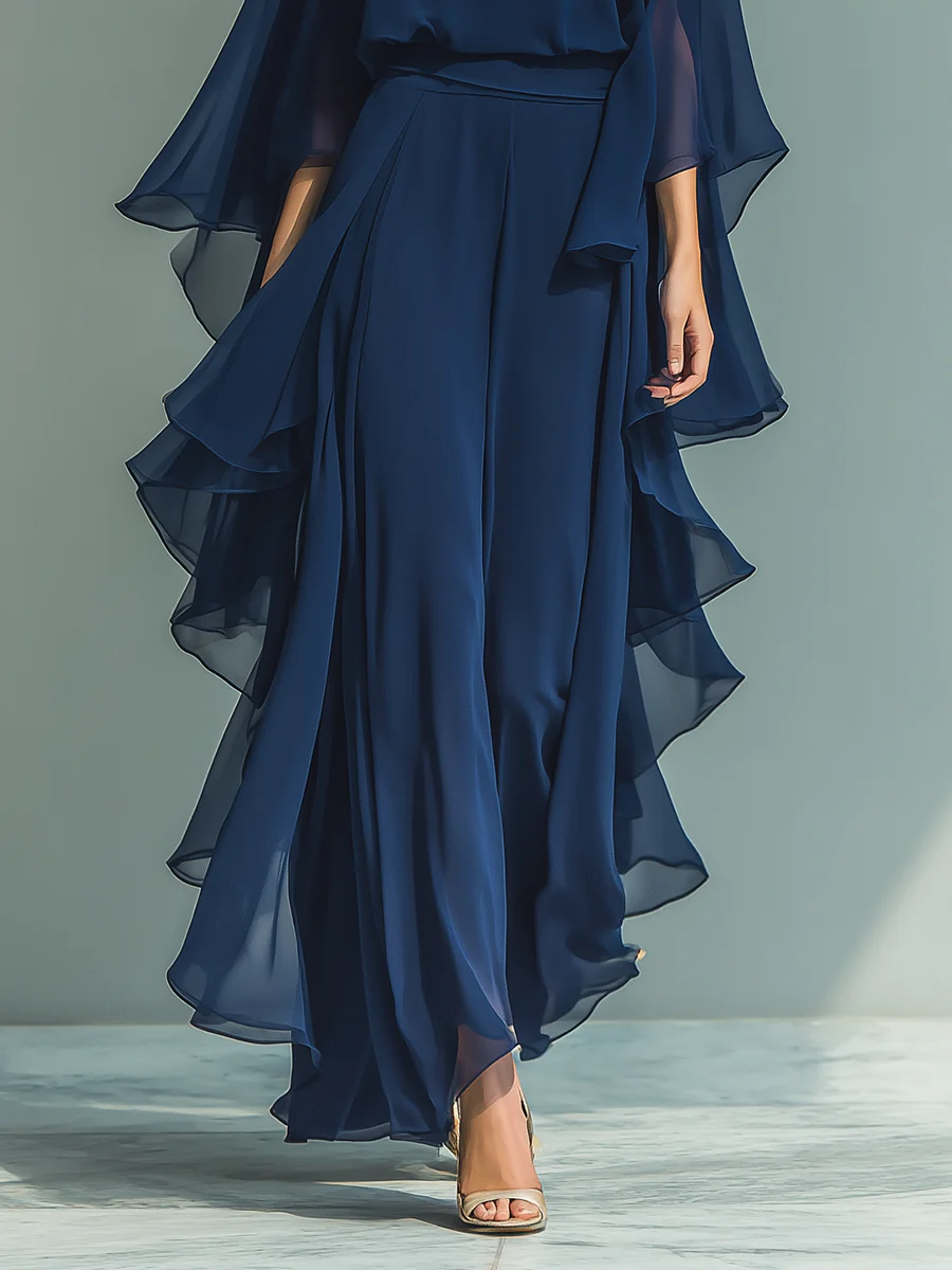 Elegante Vestido Maxi de Chifón Marino para Mujeres con Cuello Redondo, Manga Capa y Volantes, Estilo Formal para Invitadas de Boda