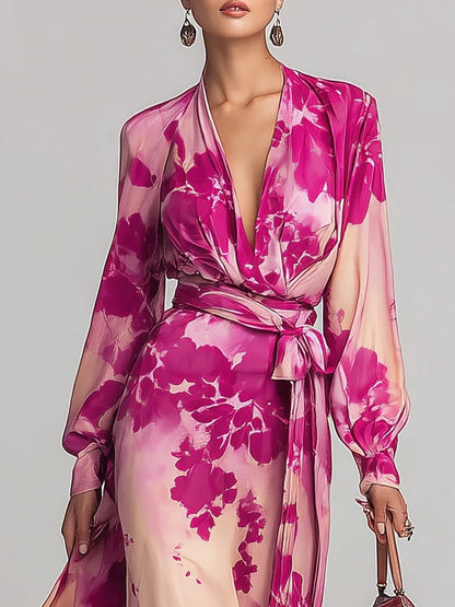 Vestido Maxi Floral Rojo Rosa Sin Esfuerzo para Mujeres con Escote en V, Manga Larga, Cierre Envolvente y Estilo Bohemio