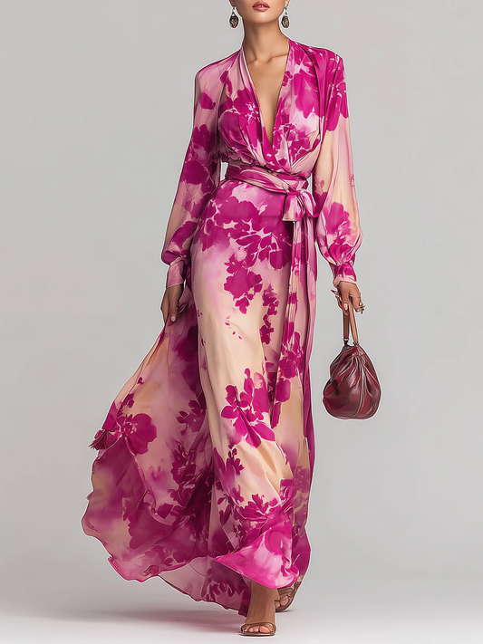 Vestido Maxi Floral Rojo Rosa Sin Esfuerzo para Mujeres con Escote en V, Manga Larga, Cierre Envolvente y Estilo Bohemio