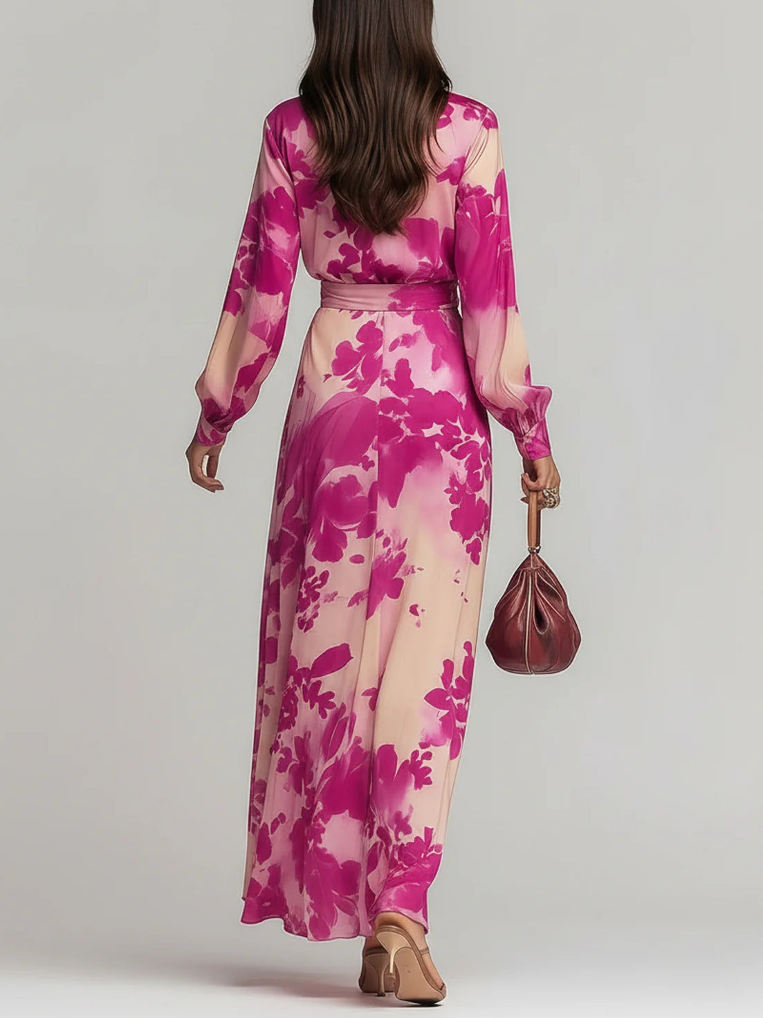 Vestido Maxi Floral Rojo Rosa Sin Esfuerzo para Mujeres con Escote en V, Manga Larga, Cierre Envolvente y Estilo Bohemio