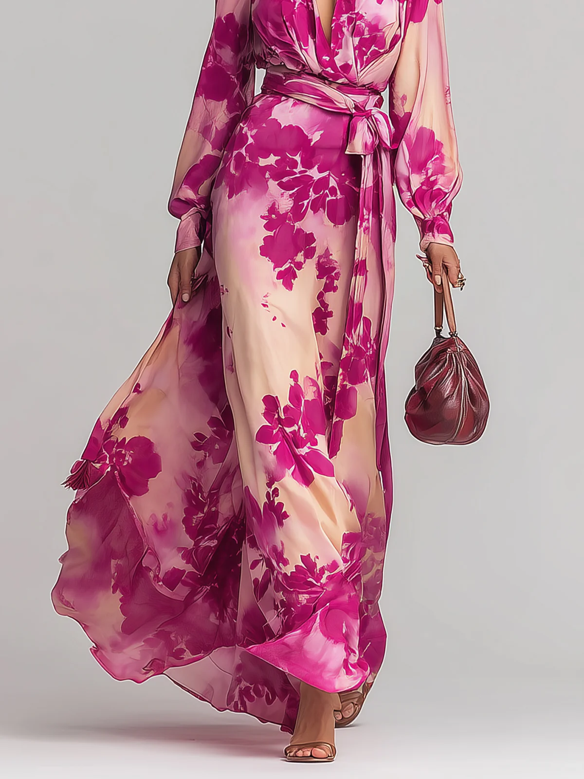Vestido Maxi Floral Rojo Rosa Sin Esfuerzo para Mujeres con Escote en V, Manga Larga, Cierre Envolvente y Estilo Bohemio