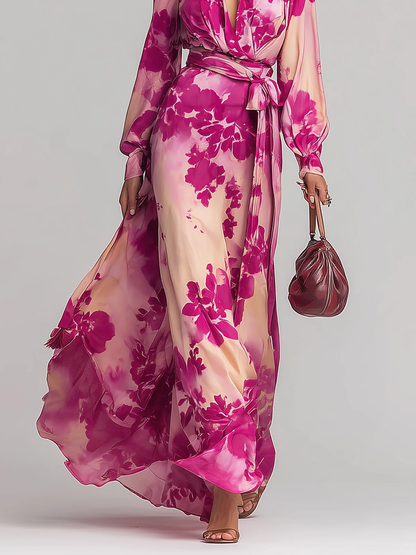Vestido Maxi Floral Rojo Rosa Sin Esfuerzo para Mujeres con Escote en V, Manga Larga, Cierre Envolvente y Estilo Bohemio