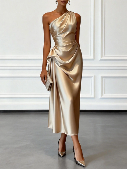 Vestido Midi de Satén Elegante para Mujeres con Un Hombro Drapado Estilo Formal