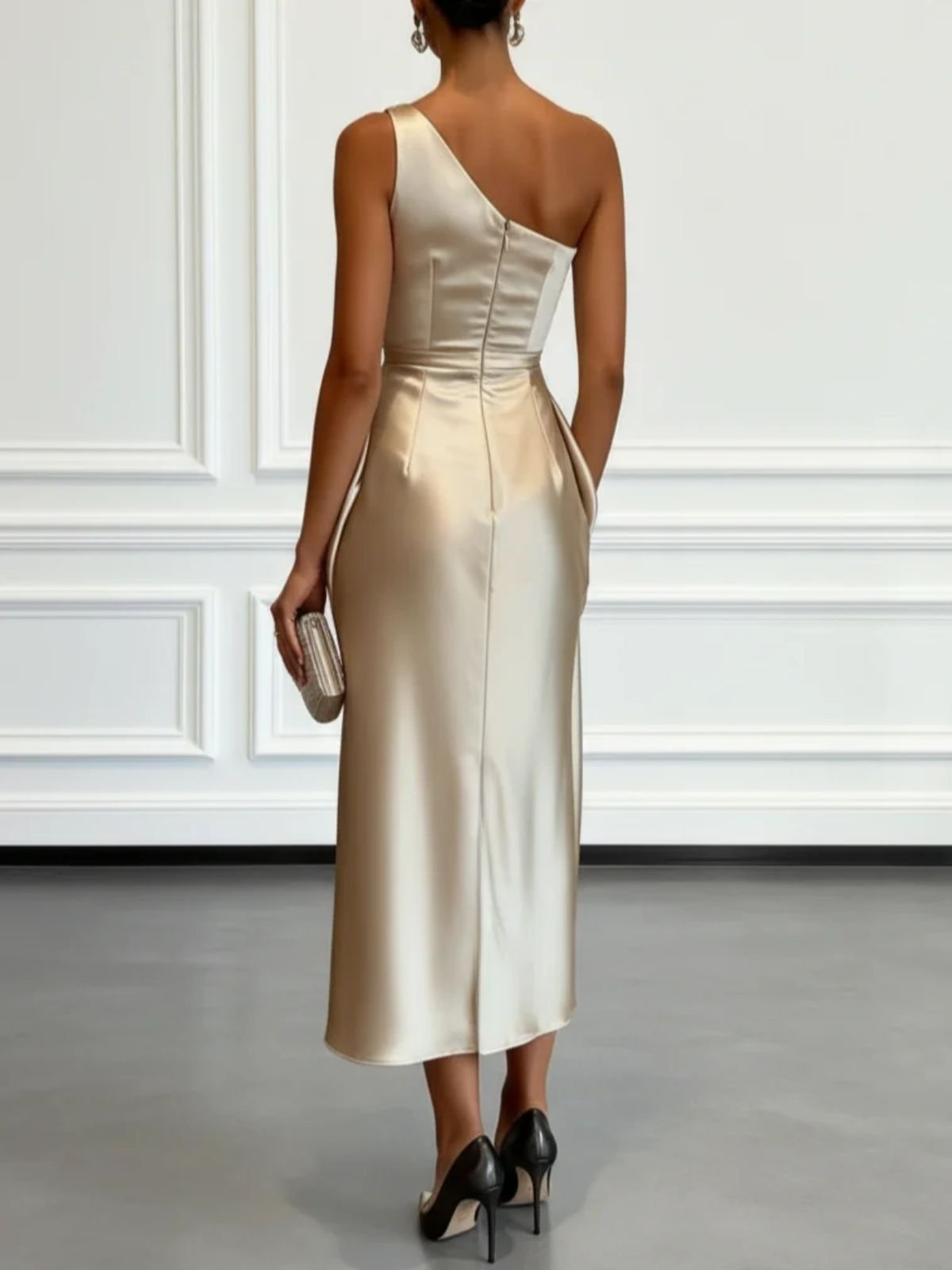 Vestido Midi de Satén Elegante para Mujeres con Un Hombro Drapado Estilo Formal
