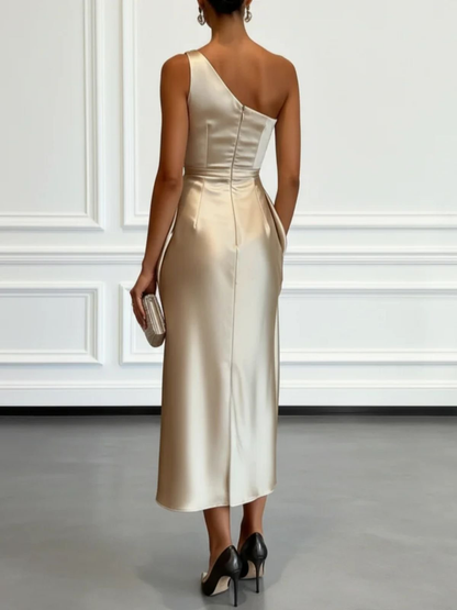 Vestido Midi de Satén Elegante para Mujeres con Un Hombro Drapado Estilo Formal