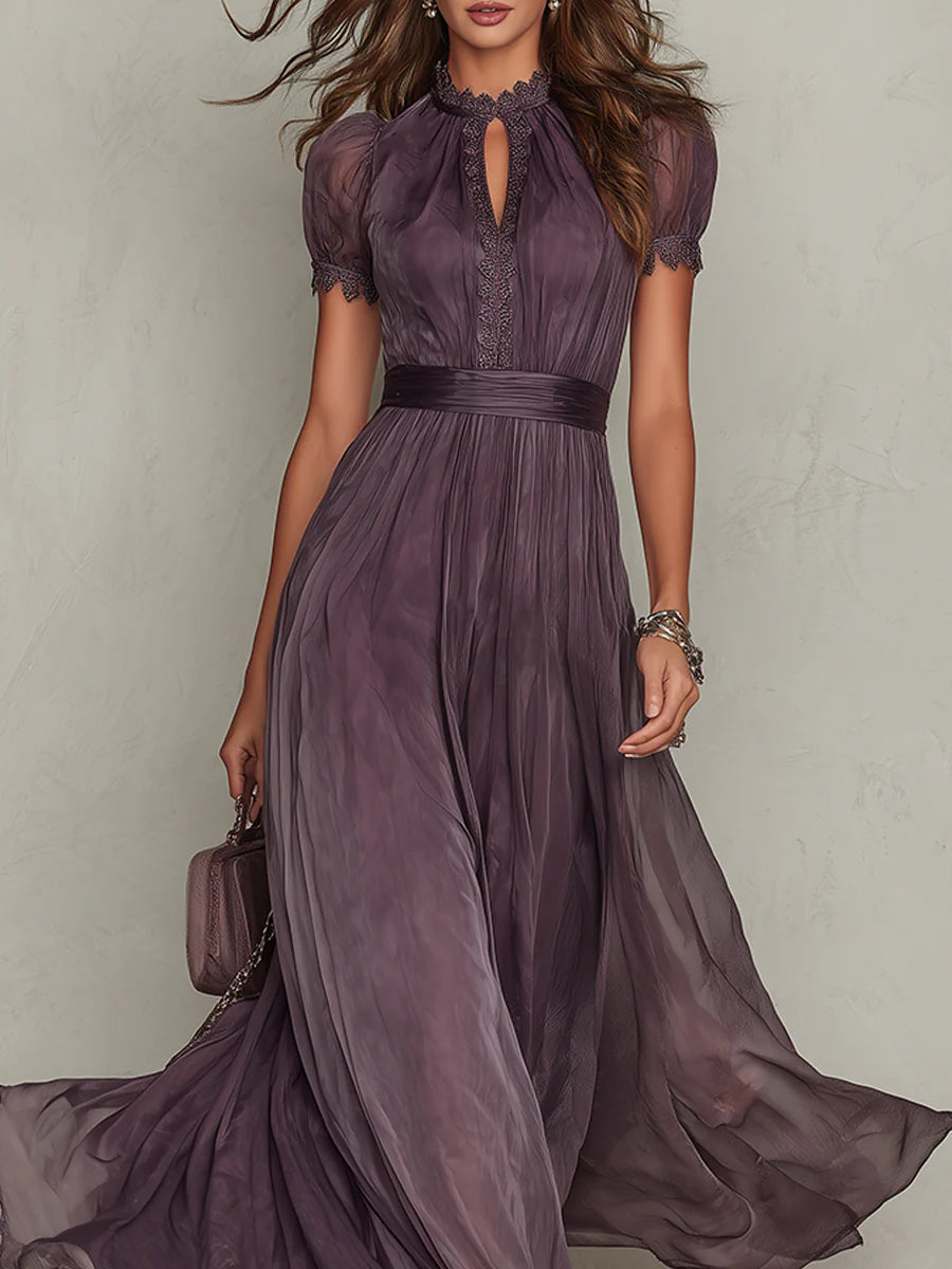Elegante Vestido Maxi de Chiffon Ombre para Mujeres con Cuello Alto, Manga Abullonada, Corte en Llave y Detalles de Encaje