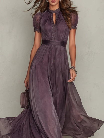 Elegante Vestido Maxi de Chiffon Ombre para Mujeres con Cuello Alto, Manga Abullonada, Corte en Llave y Detalles de Encaje