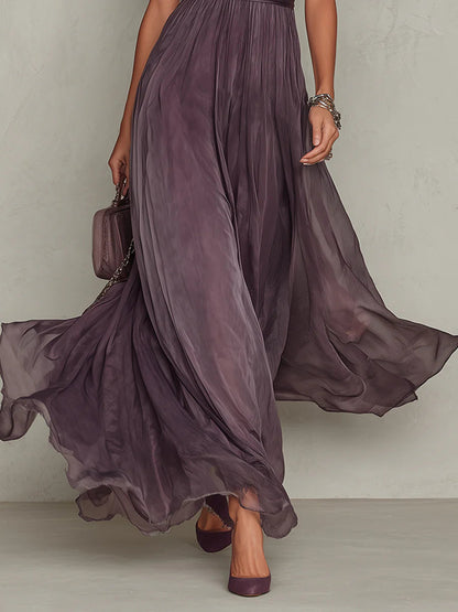 Elegante Vestido Maxi de Chiffon Ombre para Mujeres con Cuello Alto, Manga Abullonada, Corte en Llave y Detalles de Encaje