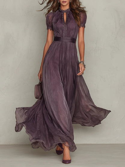 Elegante Vestido Maxi de Chiffon Ombre para Mujeres con Cuello Alto, Manga Abullonada, Corte en Llave y Detalles de Encaje