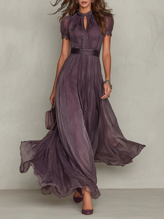 Elegante Vestido Maxi de Chiffon Ombre para Mujeres con Cuello Alto, Manga Abullonada, Corte en Llave y Detalles de Encaje