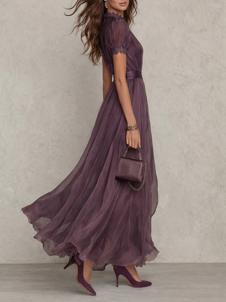 Elegante Vestido Maxi de Chiffon Ombre para Mujeres con Cuello Alto, Manga Abullonada, Corte en Llave y Detalles de Encaje