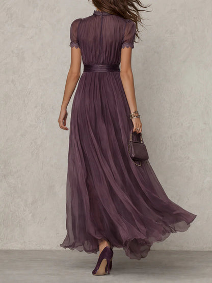 Elegante Vestido Maxi de Chiffon Ombre para Mujeres con Cuello Alto, Manga Abullonada, Corte en Llave y Detalles de Encaje