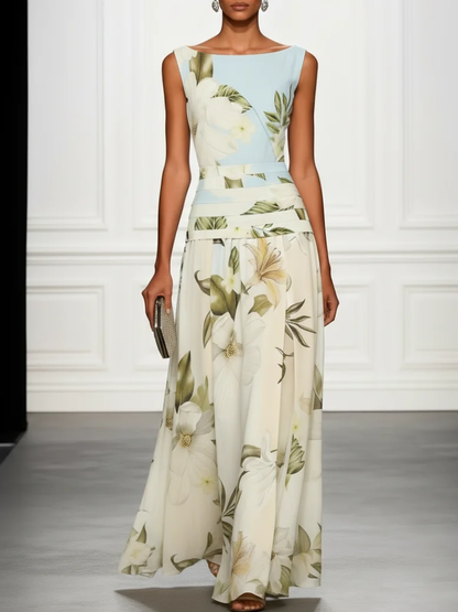 Elegante Vestido Maxi Floral Azul para Mujeres con Cuello Barco, Sin Mangas, Cintura Confeccionada, Estilo Formal para Invitadas de Boda