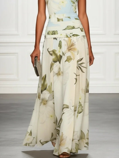 Elegante Vestido Maxi Floral Azul para Mujeres con Cuello Barco, Sin Mangas, Cintura Confeccionada, Estilo Formal para Invitadas de Boda