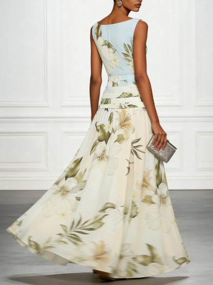 Elegante Vestido Maxi Floral Azul para Mujeres con Cuello Barco, Sin Mangas, Cintura Confeccionada, Estilo Formal para Invitadas de Boda
