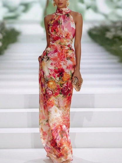 Elegante Vestido Maxi Floral Rojo para Mujeres con Cuello Alto, Sin Mangas, Estilo Columnar para Invitadas de Boda