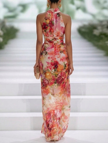 Elegante Vestido Maxi Floral Rojo para Mujeres con Cuello Alto, Sin Mangas, Estilo Columnar para Invitadas de Boda