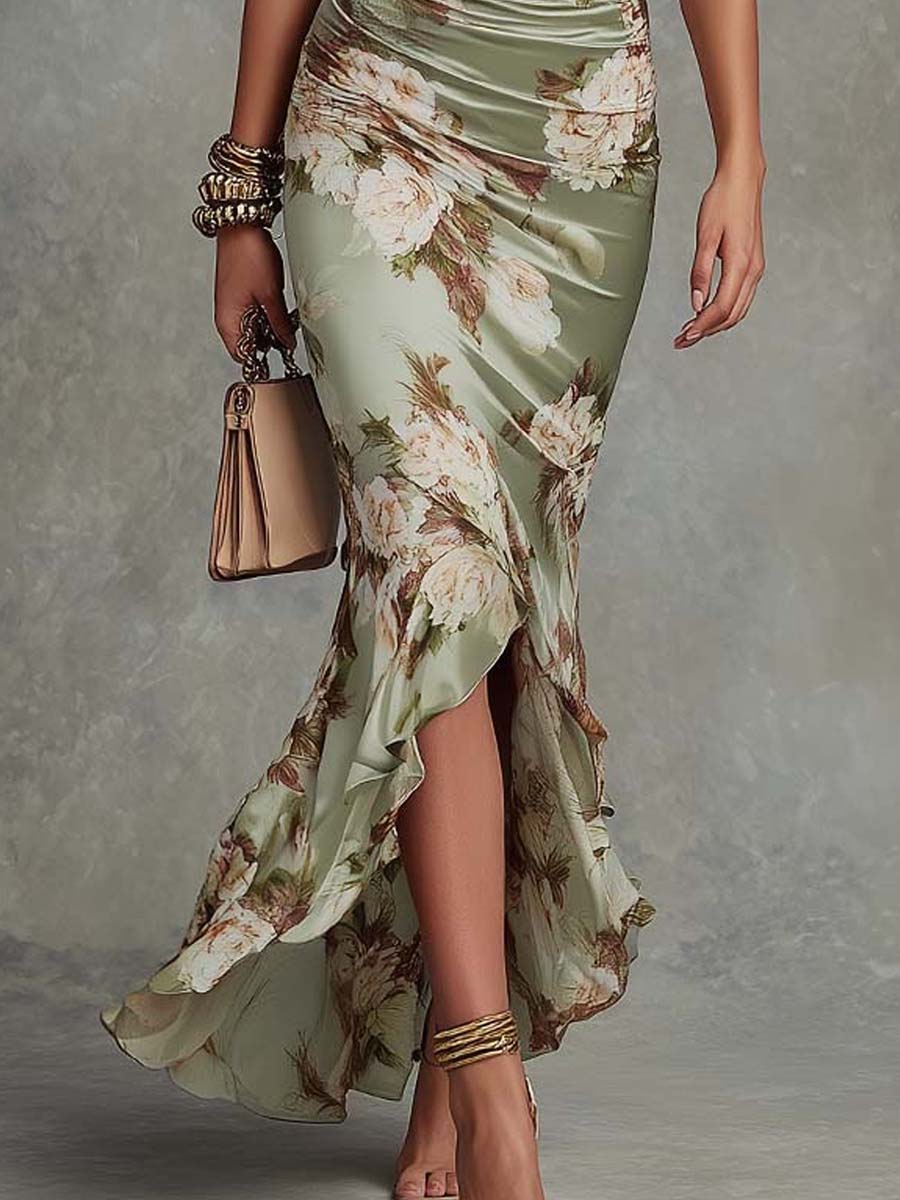 Elegante Vestido Maxi de Satén Floral para Mujeres con Escote en V y Mangas Acampanadas con Estilo Arrugado Alto-Bajo