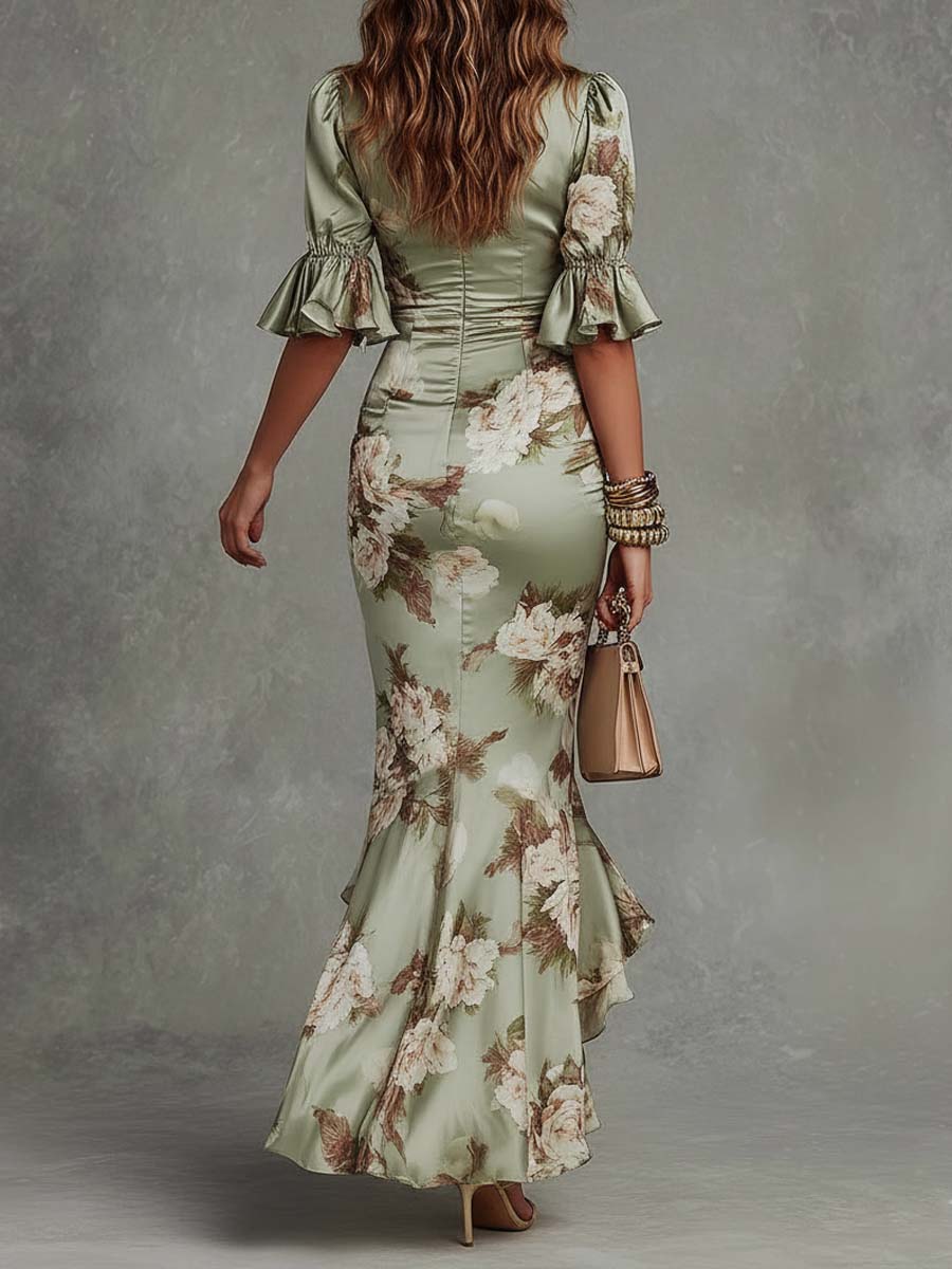 Elegante Vestido Maxi de Satén Floral para Mujeres con Escote en V y Mangas Acampanadas con Estilo Arrugado Alto-Bajo