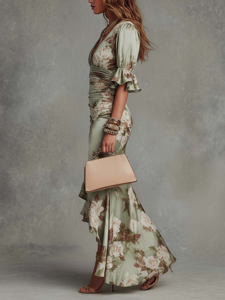 Elegante Vestido Maxi de Satén Floral para Mujeres con Escote en V y Mangas Acampanadas con Estilo Arrugado Alto-Bajo