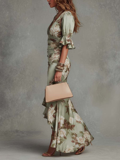 Elegante Vestido Maxi de Satén Floral para Mujeres con Escote en V y Mangas Acampanadas con Estilo Arrugado Alto-Bajo
