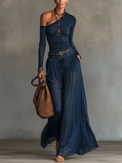 Conjunto de Dos Piezas Sin Esfuerzo en Color Marino para Mujeres con Manga Larga de Un Hombro y Pantalones Anchos de Chiffon