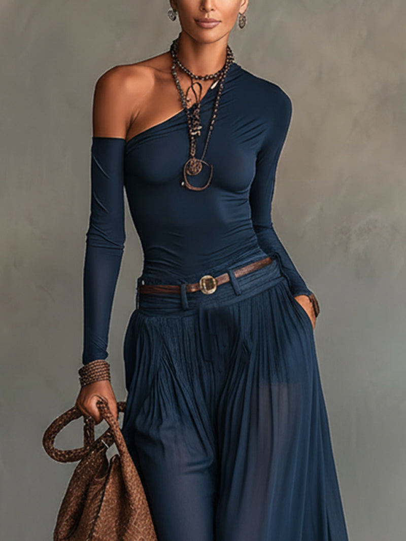 Conjunto de Dos Piezas Sin Esfuerzo en Color Marino para Mujeres con Manga Larga de Un Hombro y Pantalones Anchos de Chiffon