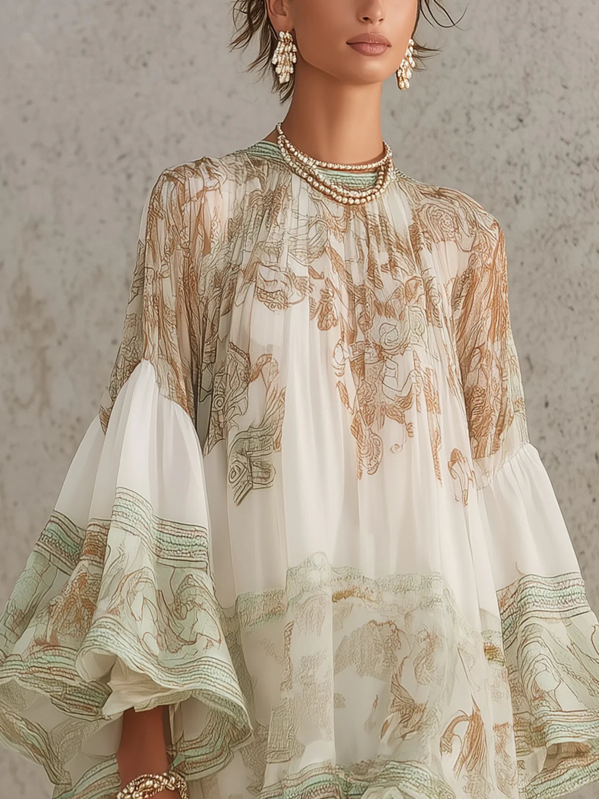 Elegante Vestido Mini Kaftan Impreso Verde para Mujeres con Cuello Alto, Mangas de Campana y Dobladillo Volante de Estilo Bohemio