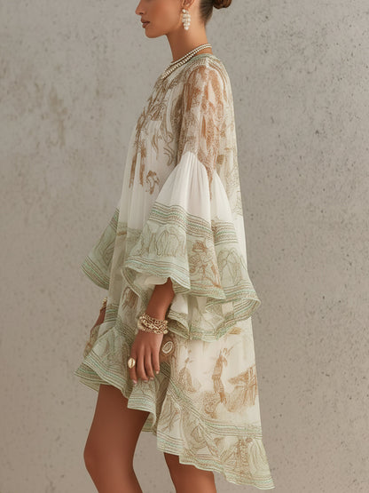 Elegante Vestido Mini Kaftan Impreso Verde para Mujeres con Cuello Alto, Mangas de Campana y Dobladillo Volante de Estilo Bohemio