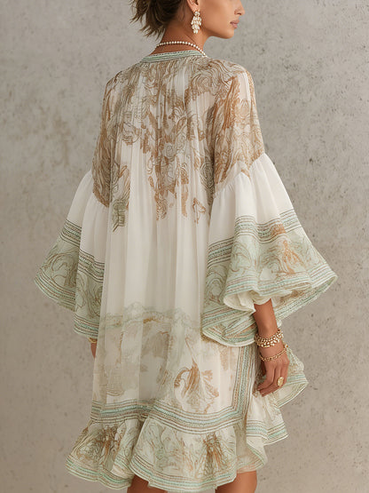 Elegante Vestido Mini Kaftan Impreso Verde para Mujeres con Cuello Alto, Mangas de Campana y Dobladillo Volante de Estilo Bohemio