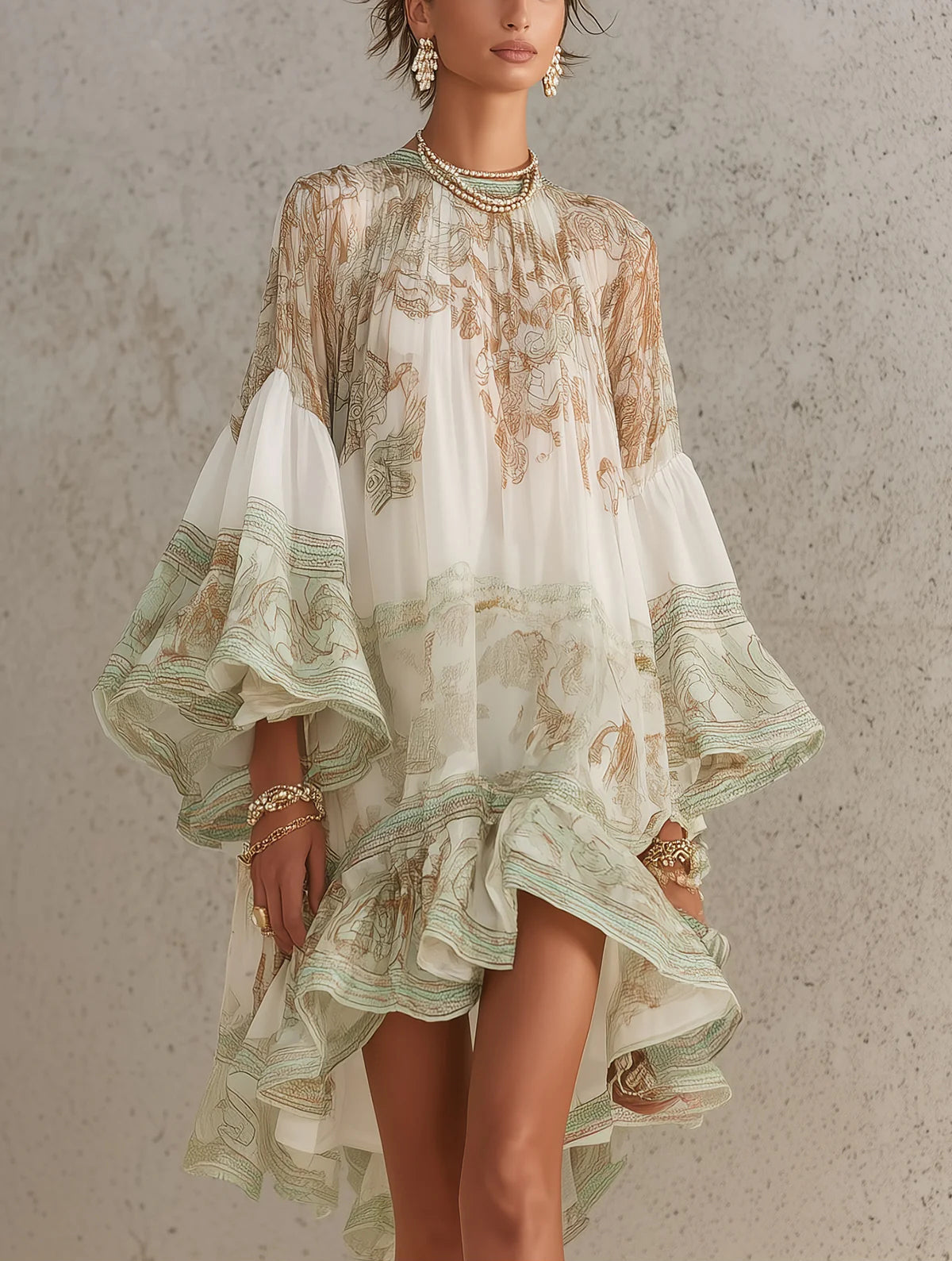 Elegante Vestido Mini Kaftan Impreso Verde para Mujeres con Cuello Alto, Mangas de Campana y Dobladillo Volante de Estilo Bohemio