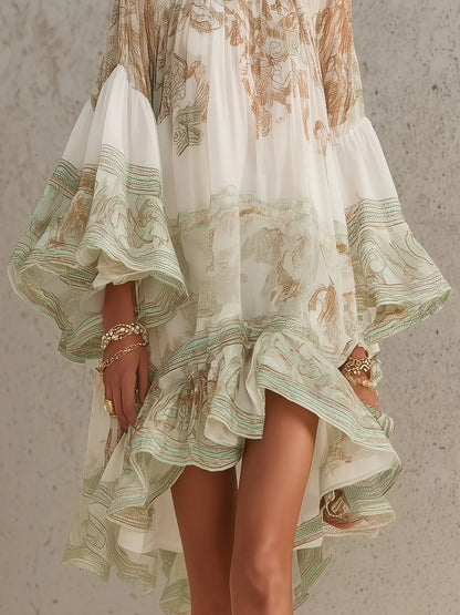 Elegante Vestido Mini Kaftan Impreso Verde para Mujeres con Cuello Alto, Mangas de Campana y Dobladillo Volante de Estilo Bohemio