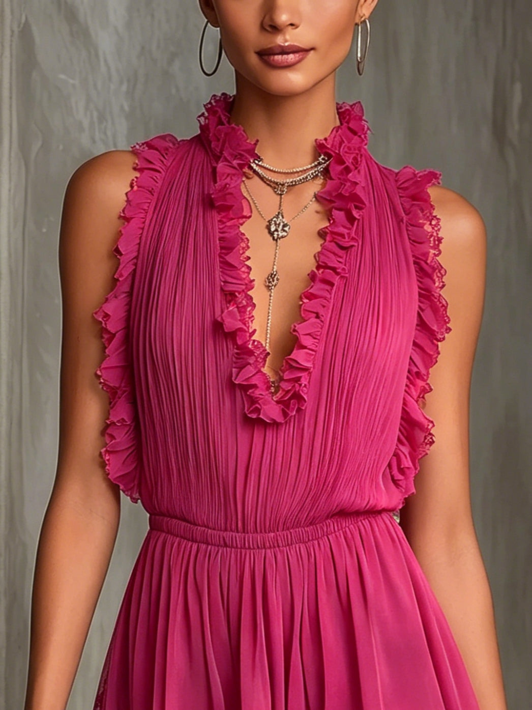 Romper de Chiffón Fucsia para Mujeres sin Mangas con Escote en V y Volantes, Estilo Fluyente