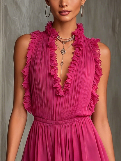 Romper de Chiffón Fucsia para Mujeres sin Mangas con Escote en V y Volantes, Estilo Fluyente