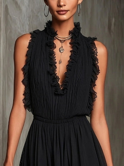 Jumpsuit Elegante de Chifón Negro para Mujeres con Escote en V Profundo, Sin Mangas, con Volantes y Estilo Fluido