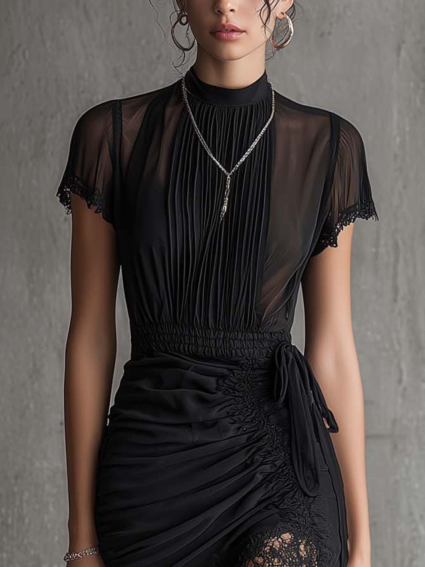 Vestido Midi de Malla Negra Elegante para Mujeres con Cuello Alto, Mangas Abullonadas y Dobladillo de Encaje Fruncido Estilo Cóctel