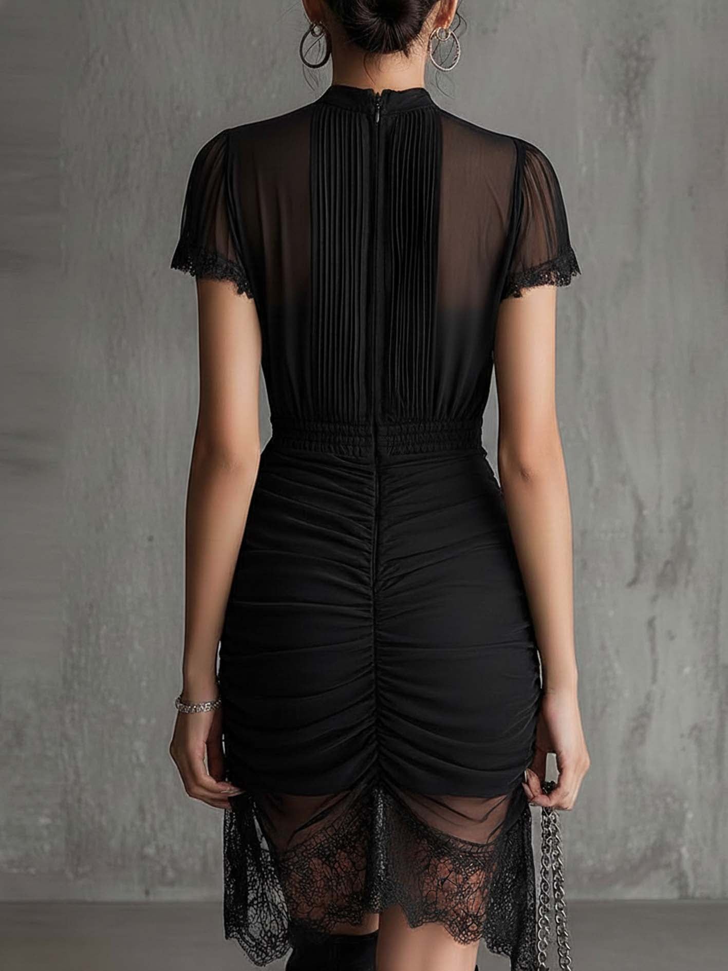 Vestido Midi de Malla Negra Elegante para Mujeres con Cuello Alto, Mangas Abullonadas y Dobladillo de Encaje Fruncido Estilo Cóctel