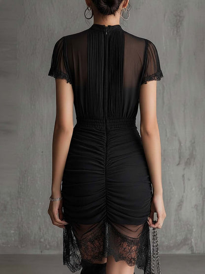 Vestido Midi de Malla Negra Elegante para Mujeres con Cuello Alto, Mangas Abullonadas y Dobladillo de Encaje Fruncido Estilo Cóctel