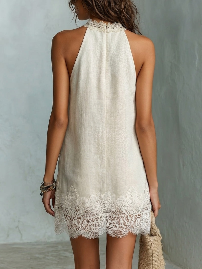 Elegante Vestido Mini de Lino Blanco Roto para Mujeres con Cuello Halter sin Mangas y Detalles de Encaje de Crochet Estilo Boho