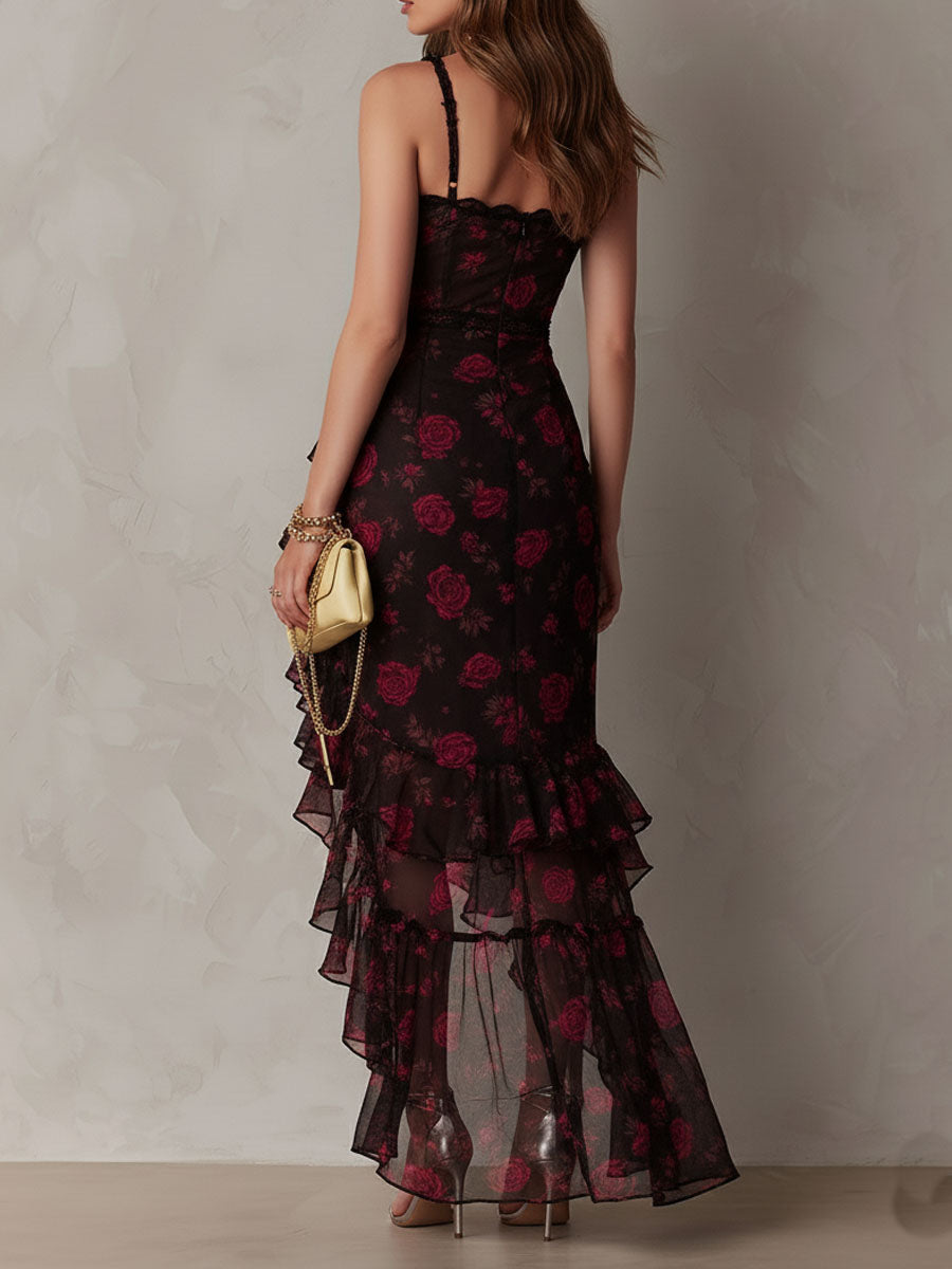 Vestido Maxi Floral Negro Elegante para Mujeres con Escote Corazón, Tirantes Finos y Volantes, Estilo Cóctel