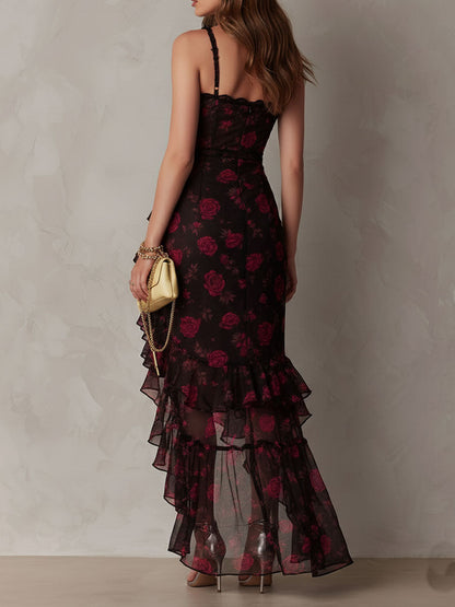 Vestido Maxi Floral Negro Elegante para Mujeres con Escote Corazón, Tirantes Finos y Volantes, Estilo Cóctel