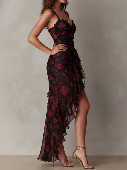 Vestido Maxi Floral Negro Elegante para Mujeres con Escote Corazón, Tirantes Finos y Volantes, Estilo Cóctel