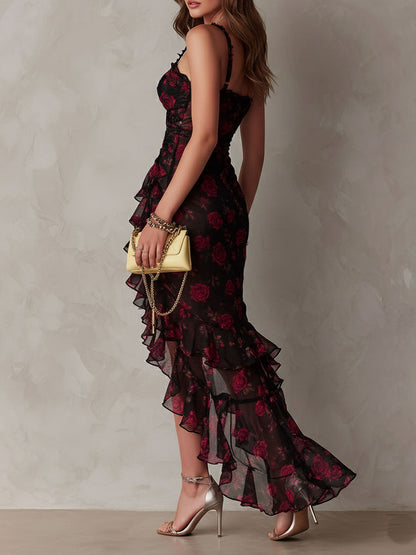 Vestido Maxi Floral Negro Elegante para Mujeres con Escote Corazón, Tirantes Finos y Volantes, Estilo Cóctel