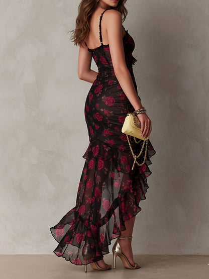 Vestido Maxi Floral Negro Elegante para Mujeres con Escote Corazón, Tirantes Finos y Volantes, Estilo Cóctel