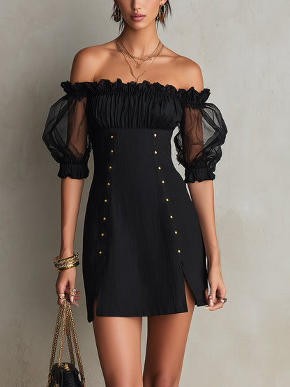 Elegante Vestido Mini Negro para Mujeres con Manga Abierta, Volantes y Alta Rendidura Estilo Cóctel