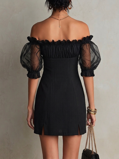Elegante Vestido Mini Negro para Mujeres con Manga Abierta, Volantes y Alta Rendidura Estilo Cóctel